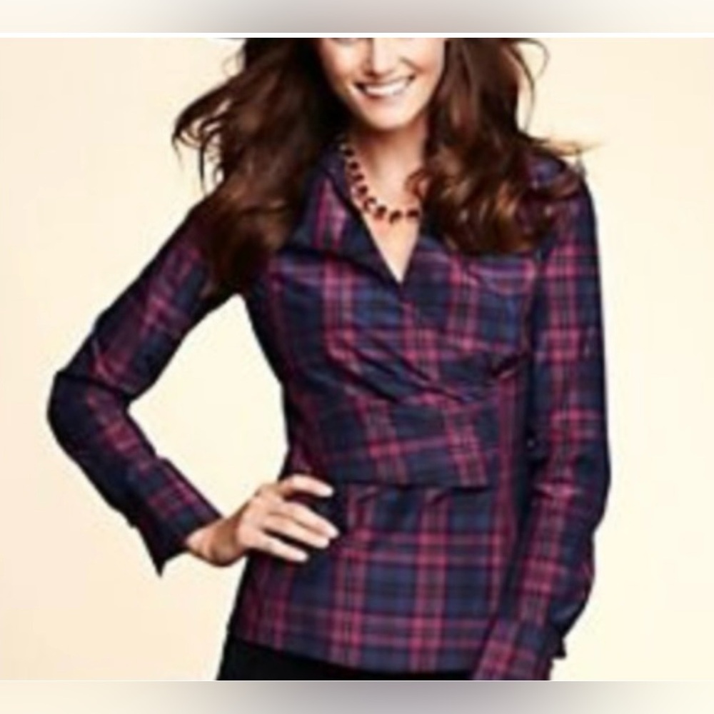 TALBOTS Blouse Faux Wrap Top Tartan Plaid, Pleated Front, Side Zip, Long Sleeves